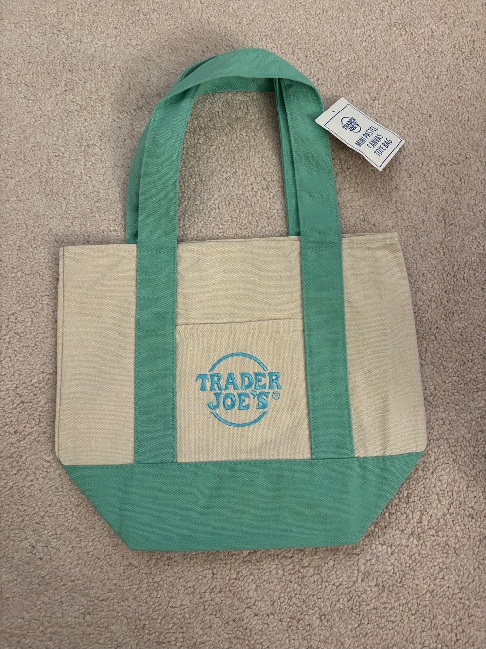 Trader Joe's Mini Pastel Canvas Tote Bag in Green and Cream NWT